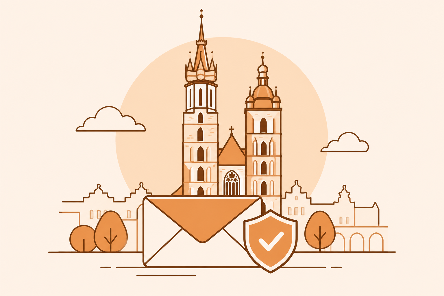 Ilustracja Krakowa z kopertą i symbolem solidnej obsługi