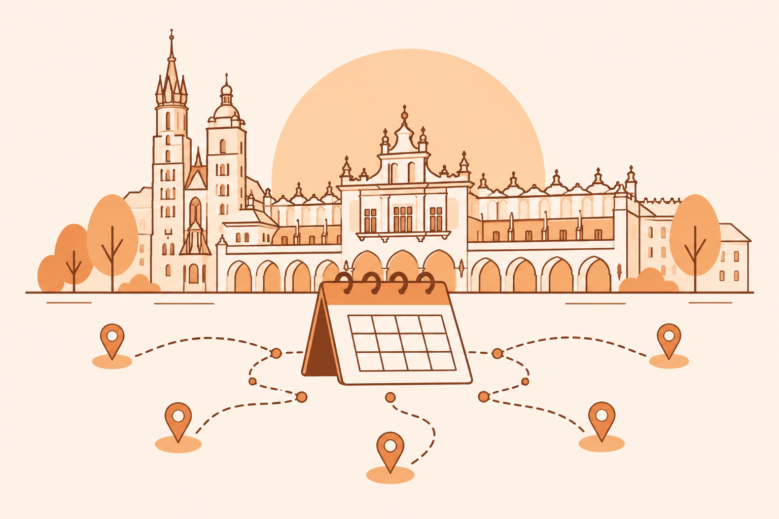 Ilustracja Krakowa z kalendarzem i kilkoma ścieżkami planowania